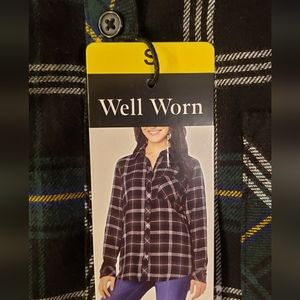 NWT Ladies Plaid Lightweight Flannel Shirt Green, White, Black, Yellow Small